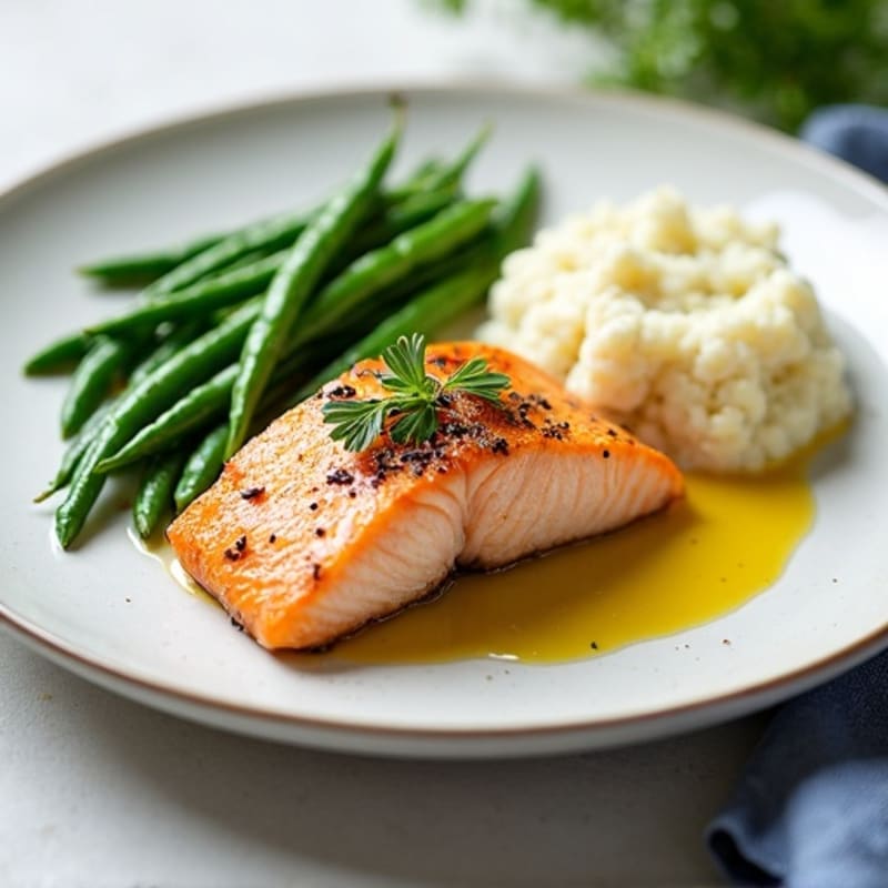 Seared Salmon Fillet with Steamed Green Beans and Mashed Cauliflower