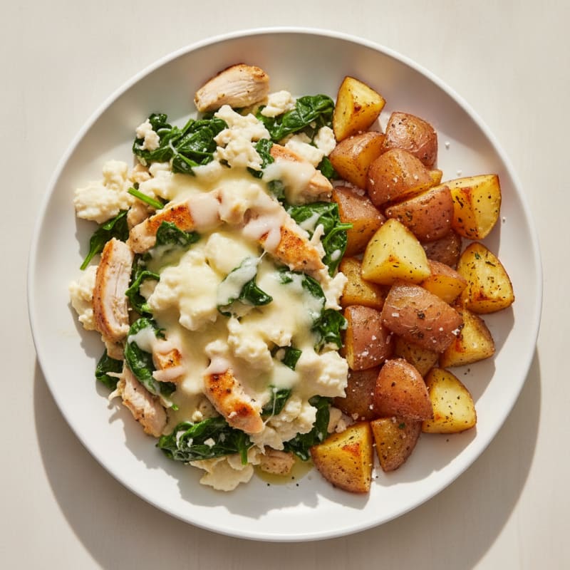 Cheesy Egg White Scramble with Chicken and Roasted Potatoes
