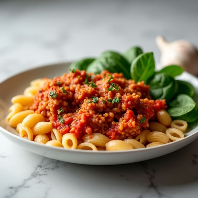 Lean Ground Turkey and Whole Wheat Pasta with Rich Marinara and Fresh Greens