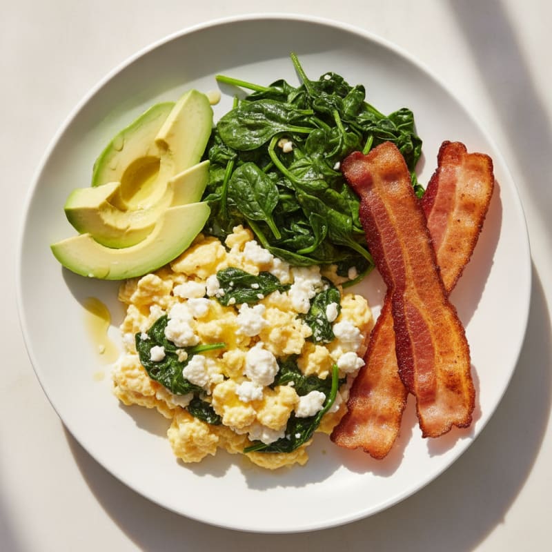 Cottage Cheese Egg Scramble with Sautéed Spinach and Turkey Bacon