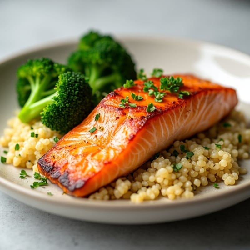 Seared Salmon with Steamed Broccoli and Quinoa