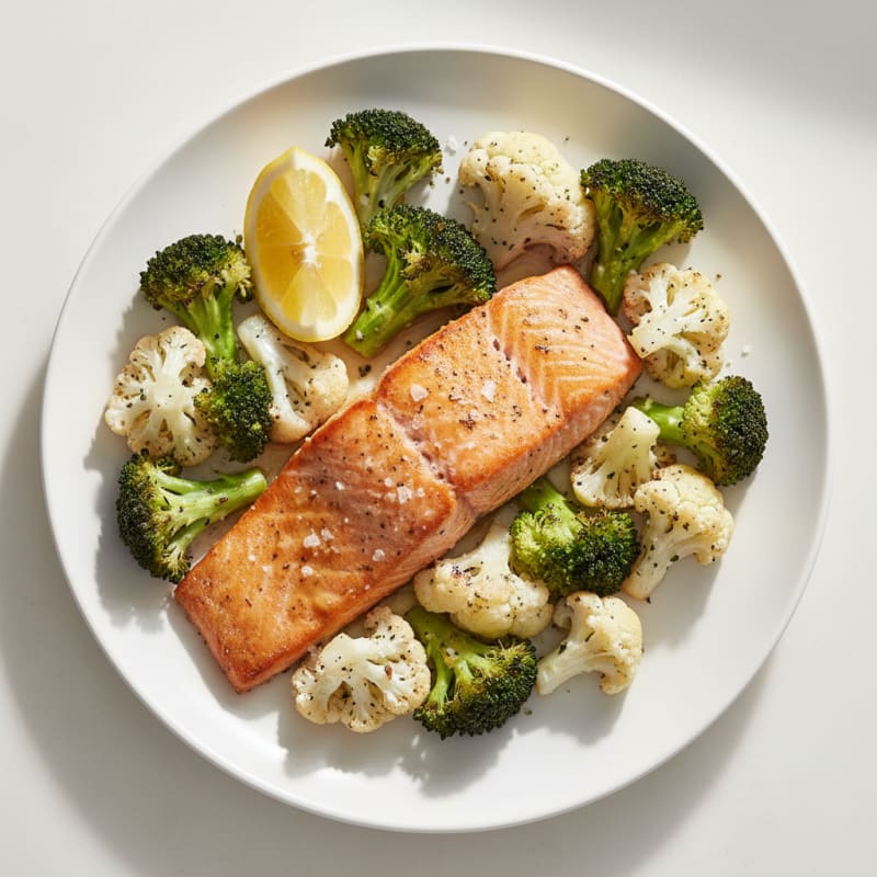 Seared Salmon Fillet with Roasted Broccoli and Cauliflower