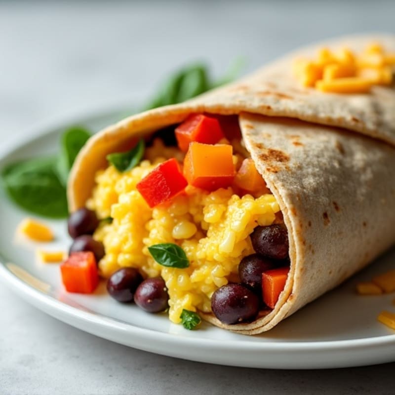 Hearty Scrambled Egg, Black Bean, and Veggie Whole Wheat Burrito