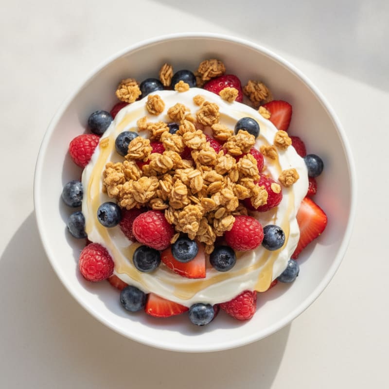Greek Yogurt Parfait with Crunchy Granola and Mixed Berries