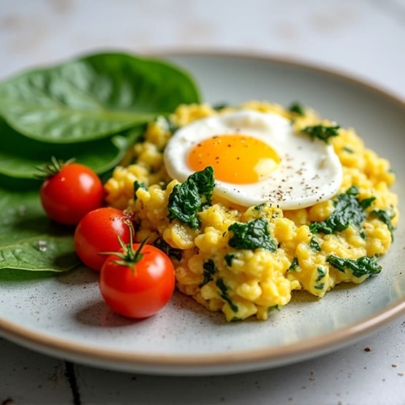 Egg White Spinach Scramble with Cottage Cheese and Cherry Tomatoes