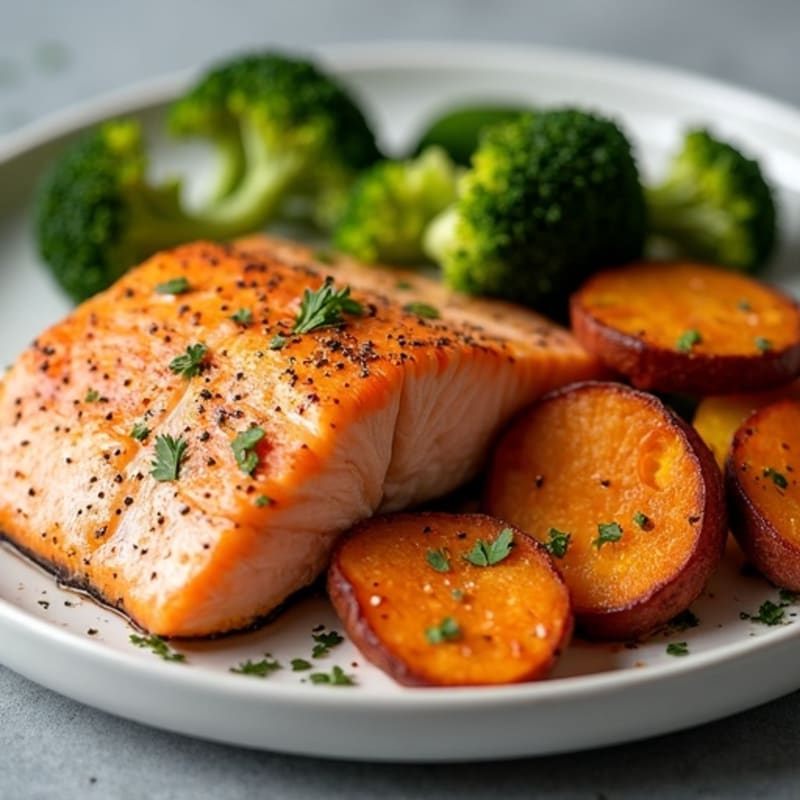 Pan-Seared Salmon with Crispy Roasted Sweet Potatoes and Broccoli