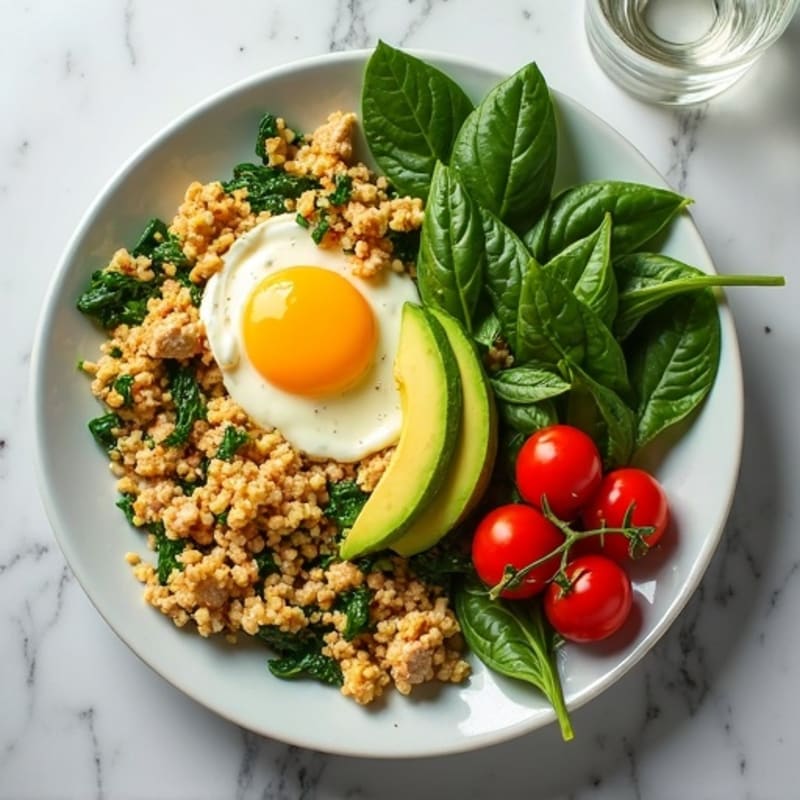 Egg White and Turkey Spinach Scramble with Roasted Cherry Tomatoes