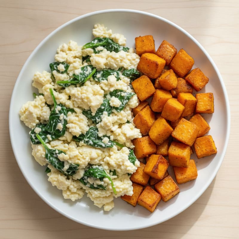 Cottage Cheese Scramble with Spinach and Roasted Sweet Potato
