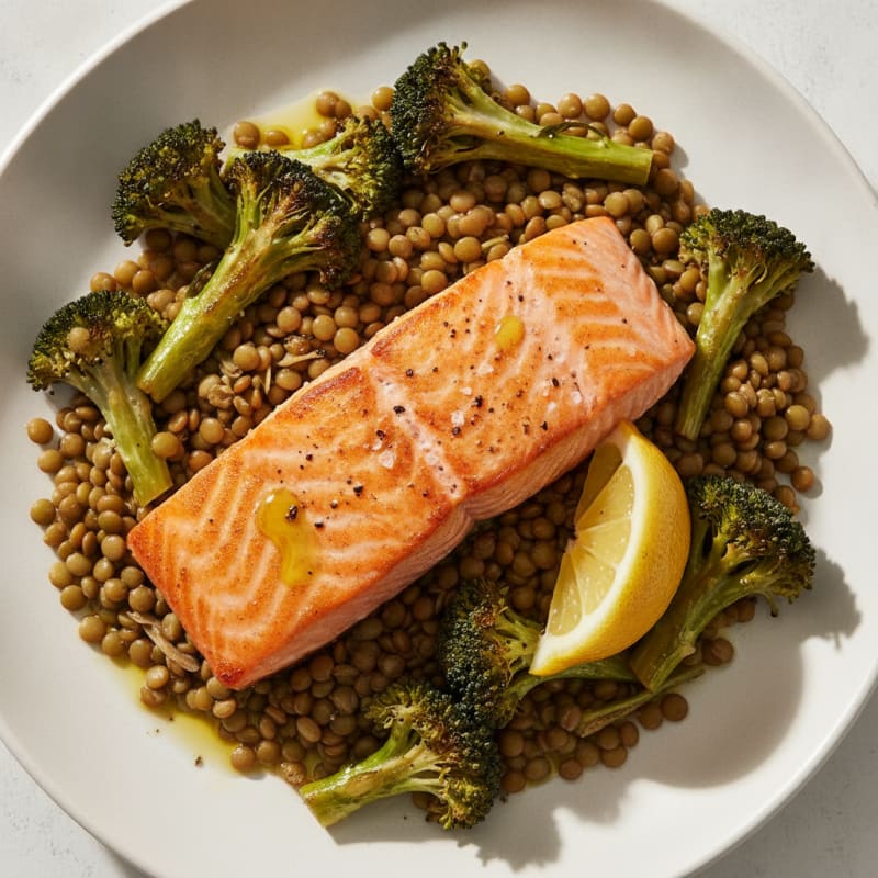 Seared Salmon with Roasted Broccoli and Lentils