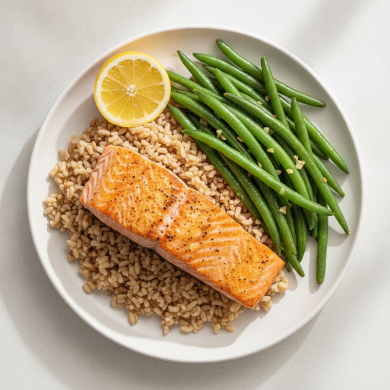 Seared Salmon with Steamed Green Beans and Brown Rice