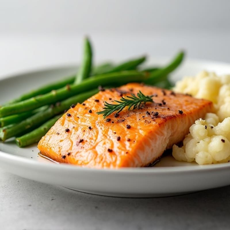 Seared Salmon Fillet with Garlic Green Beans and Cauliflower Mash