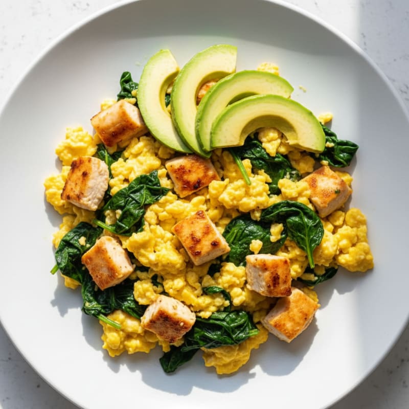 Scrambled Eggs with Spinach and Grilled Chicken