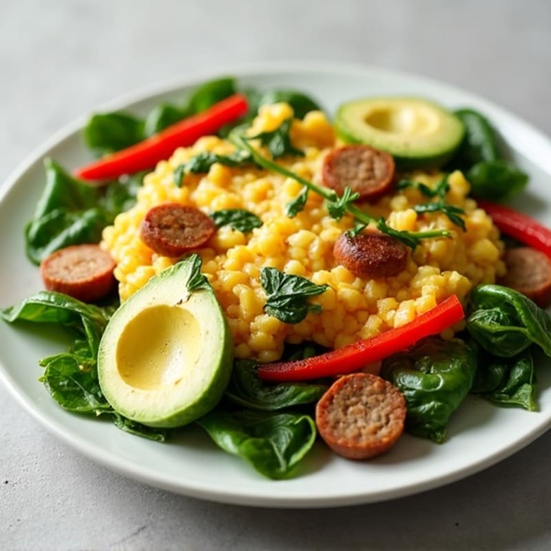 Egg White and Chicken Sausage Scramble with Spinach and Bell Peppers
