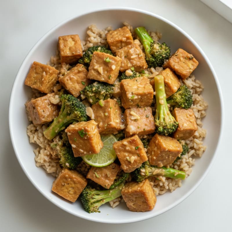 Creamy Tempeh and Broccoli Stir Fry with Brown Rice