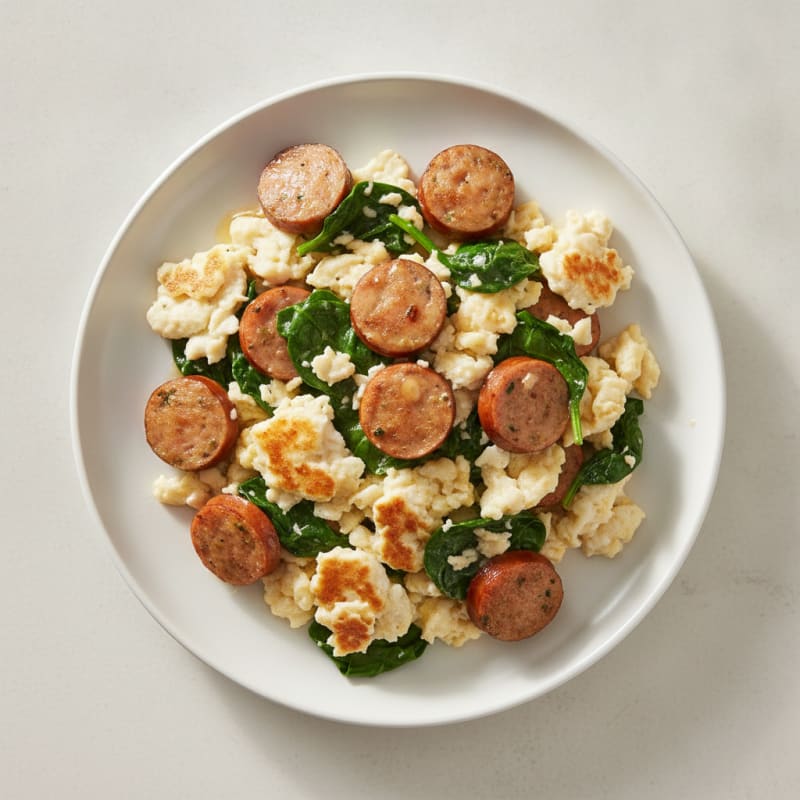 Egg White and Chicken Sausage Scramble with Spinach