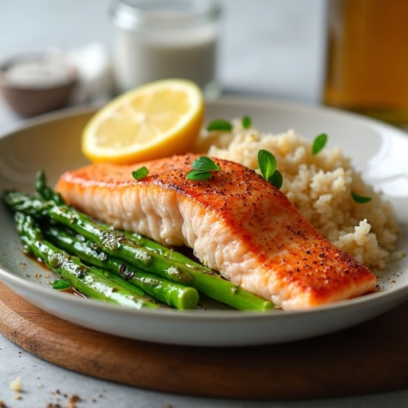 Seared Salmon with Steamed Asparagus and Brown Rice