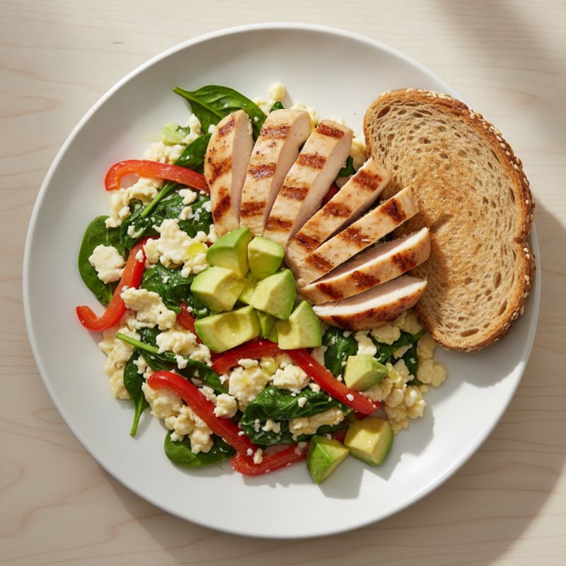 Egg White Veggie Scramble with Grilled Chicken