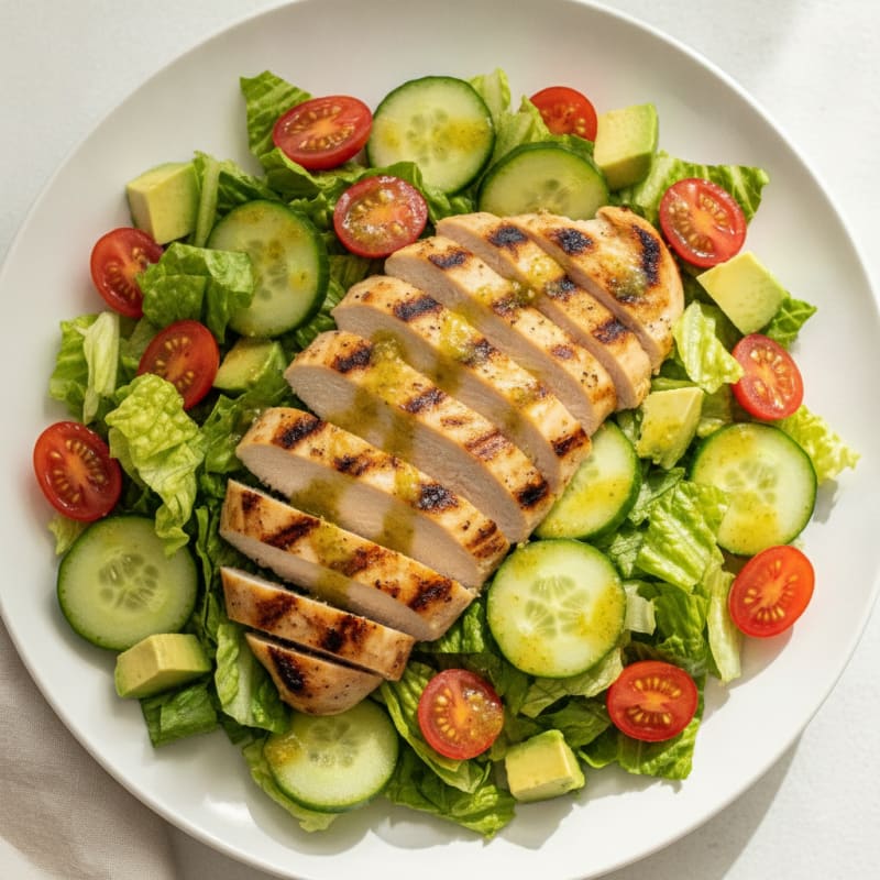 Grilled Chicken Salad with Crisp Romaine and Cherry Tomatoes