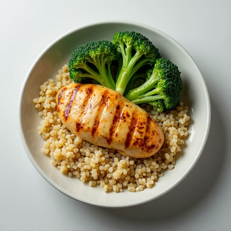 Grilled Lemon-Garlic Chicken Breast with Quinoa and Steamed Broccoli