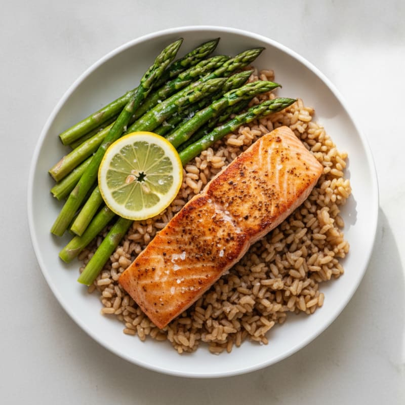 Seared Salmon with Steamed Asparagus and Brown Rice