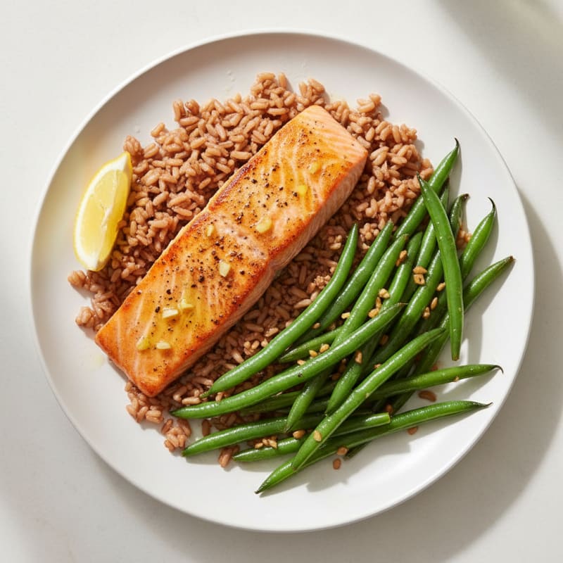 Seared Salmon with Garlic Green Beans and Brown Rice