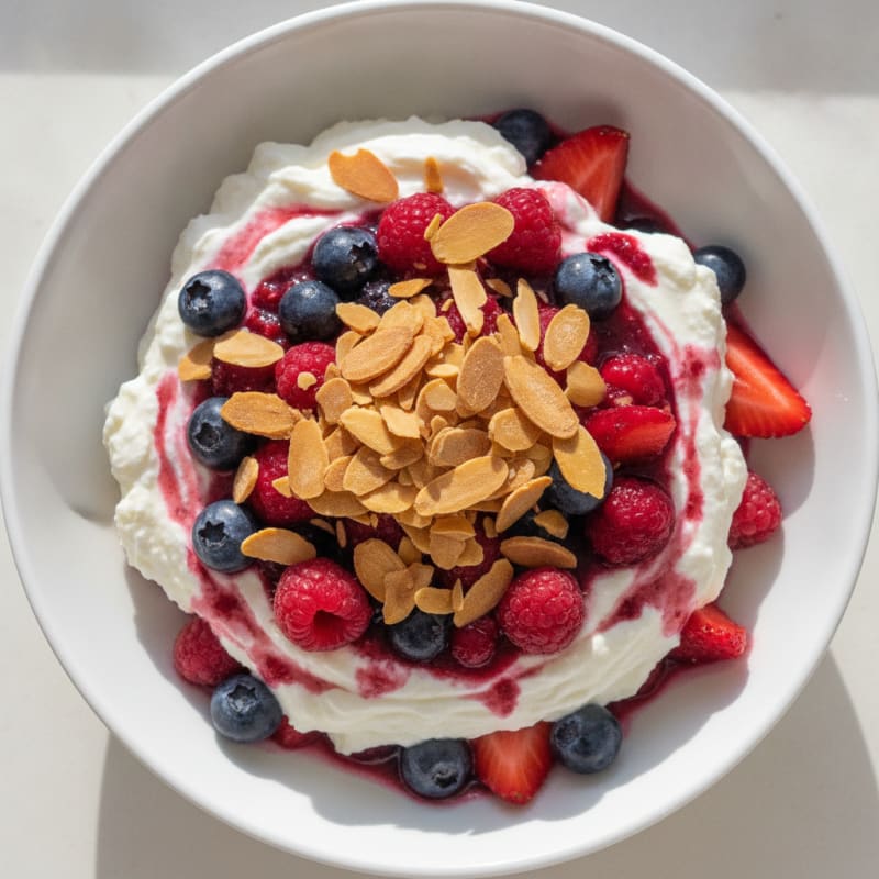Greek Yogurt Protein Parfait with Mixed Berries and Almonds
