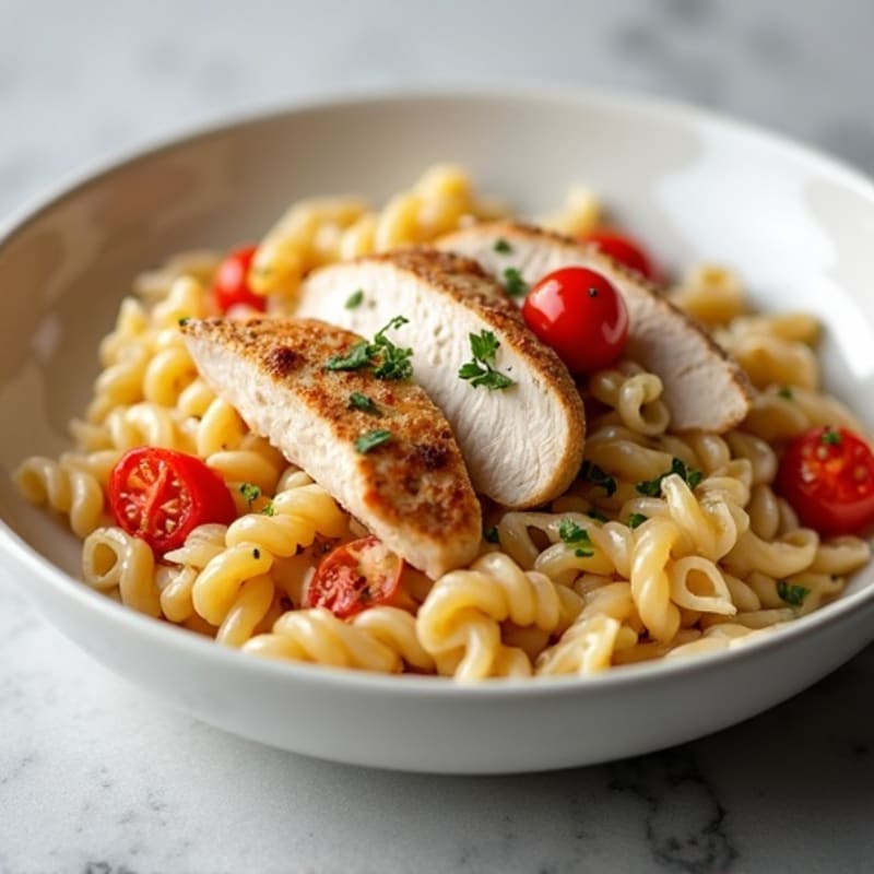 Creamy Chicken Protein Pasta with Roasted Cherry Tomatoes