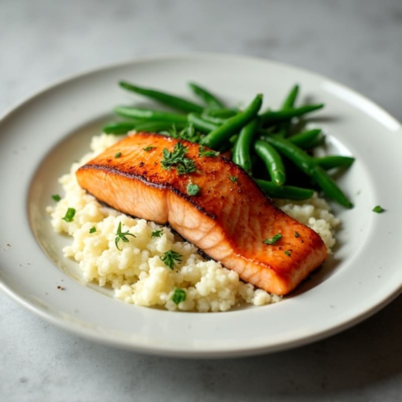 Seared Salmon with Garlic Green Beans and Cauliflower Mash