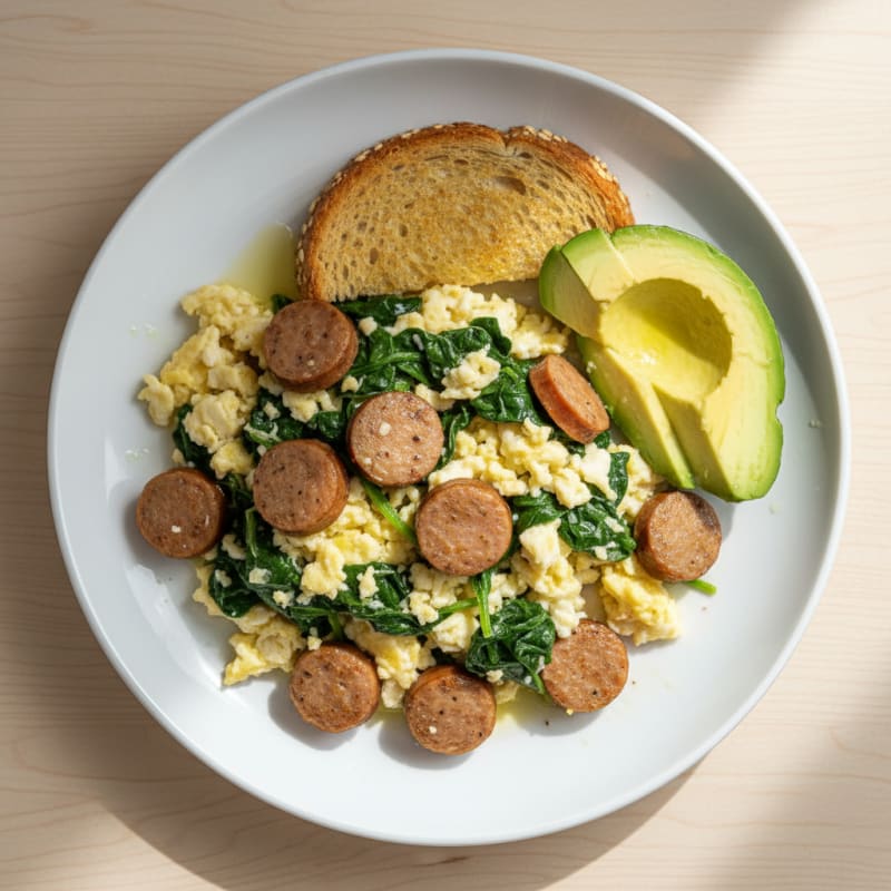 Egg White and Turkey Sausage Scramble with Sautéed Spinach