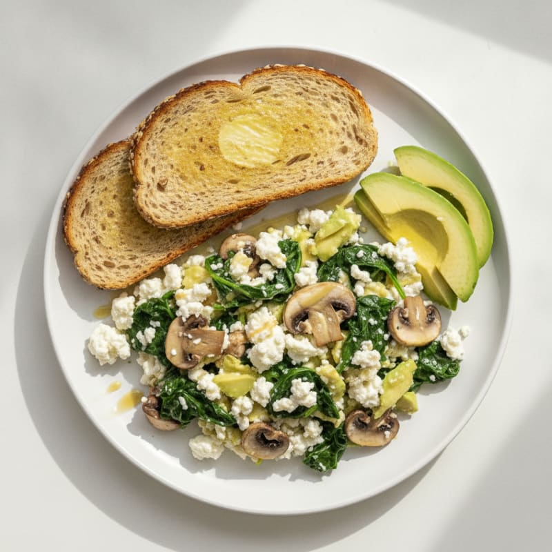 Egg White and Spinach Scramble with Cottage Cheese and Sautéed Mushrooms