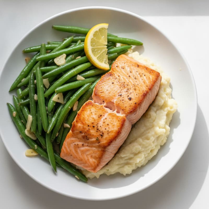 Seared Salmon with Garlic Green Beans and Cauliflower Mash