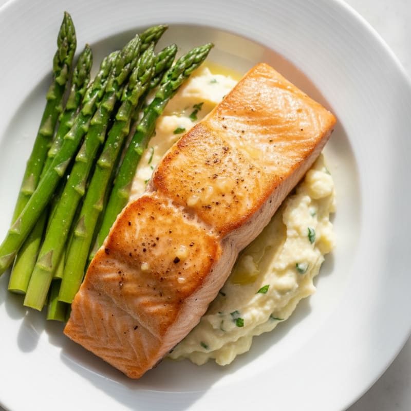Seared Salmon Fillet with Steamed Asparagus and Garlic Mashed Cauliflower