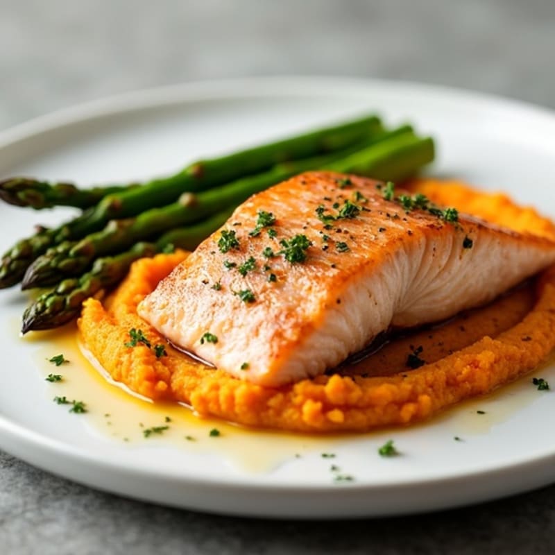 Seared Salmon with Roasted Asparagus and Sweet Potato Mash