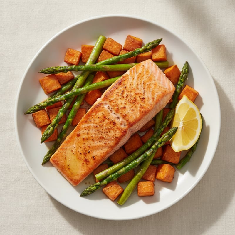 Seared Salmon with Roasted Sweet Potatoes and Asparagus