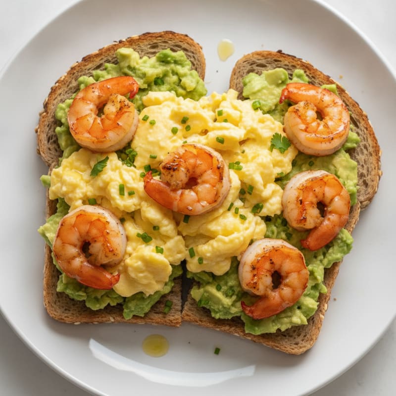 Creamy Scrambled Eggs with Sautéed Shrimp and Avocado Toast