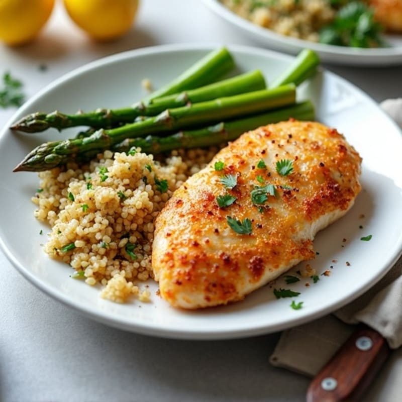 Crispy Lemon Herb Chicken with Roasted Asparagus and Quinoa