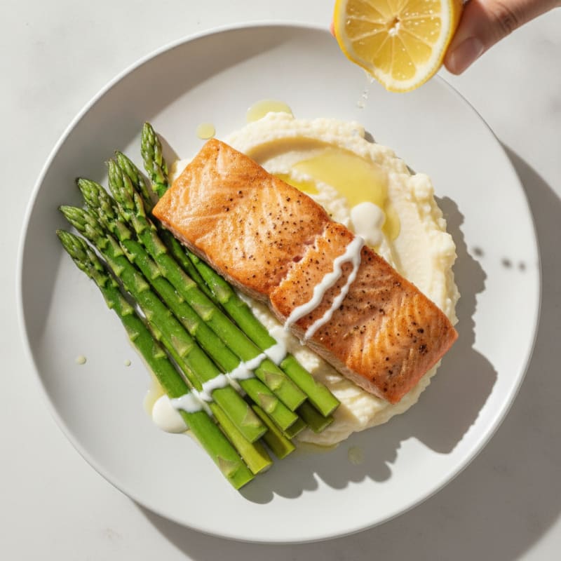 Seared Salmon Fillet with Steamed Asparagus and Cauliflower Mash