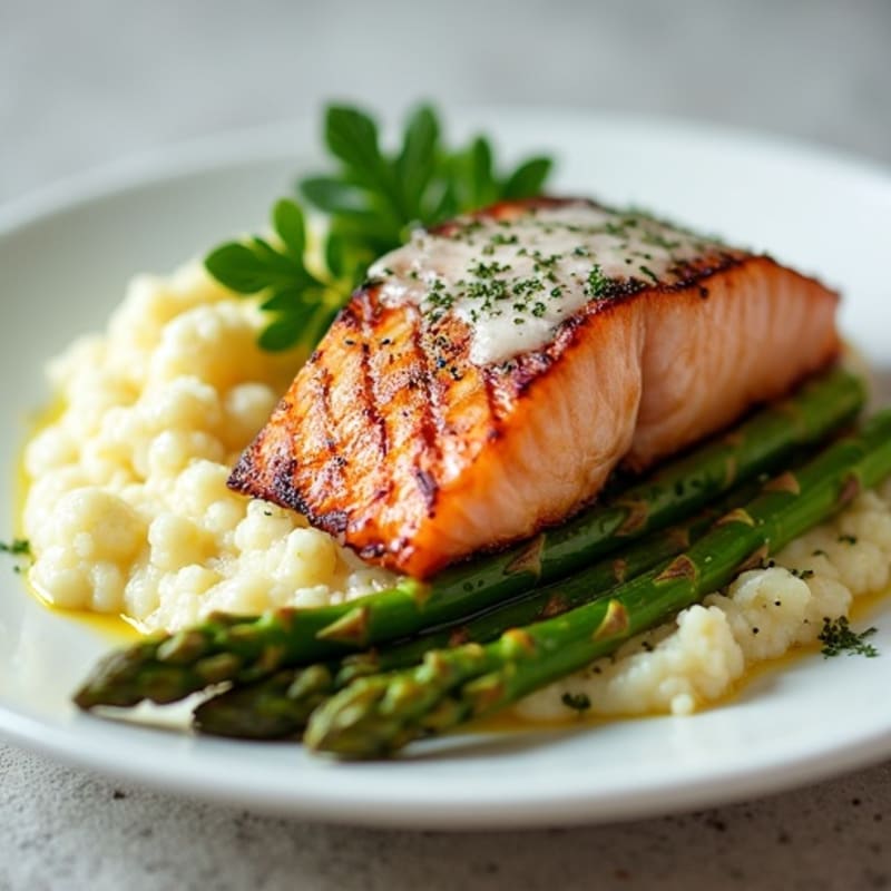 Seared Salmon with Steamed Asparagus and Garlic Cauliflower Mash