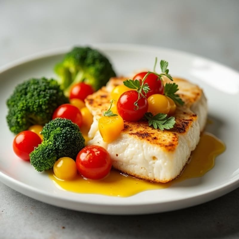 Seared Cod with Roasted Broccoli, Cherry Tomatoes, and Mango Yogurt Salsa