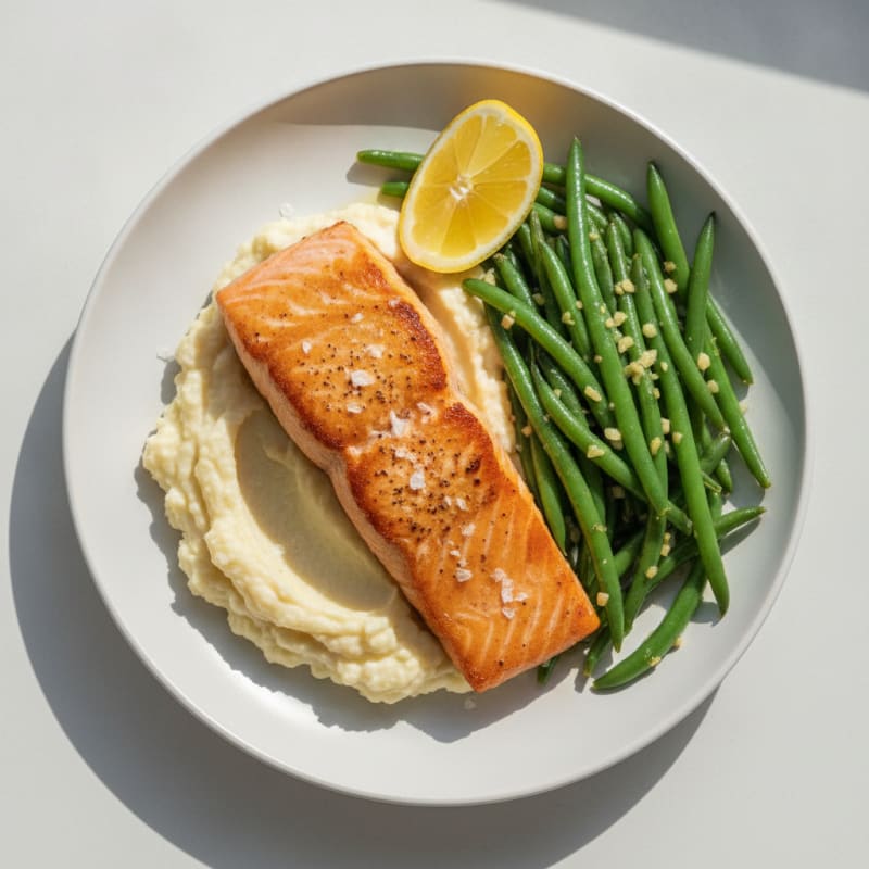Seared Salmon with Garlic Green Beans and Cauliflower Mash
