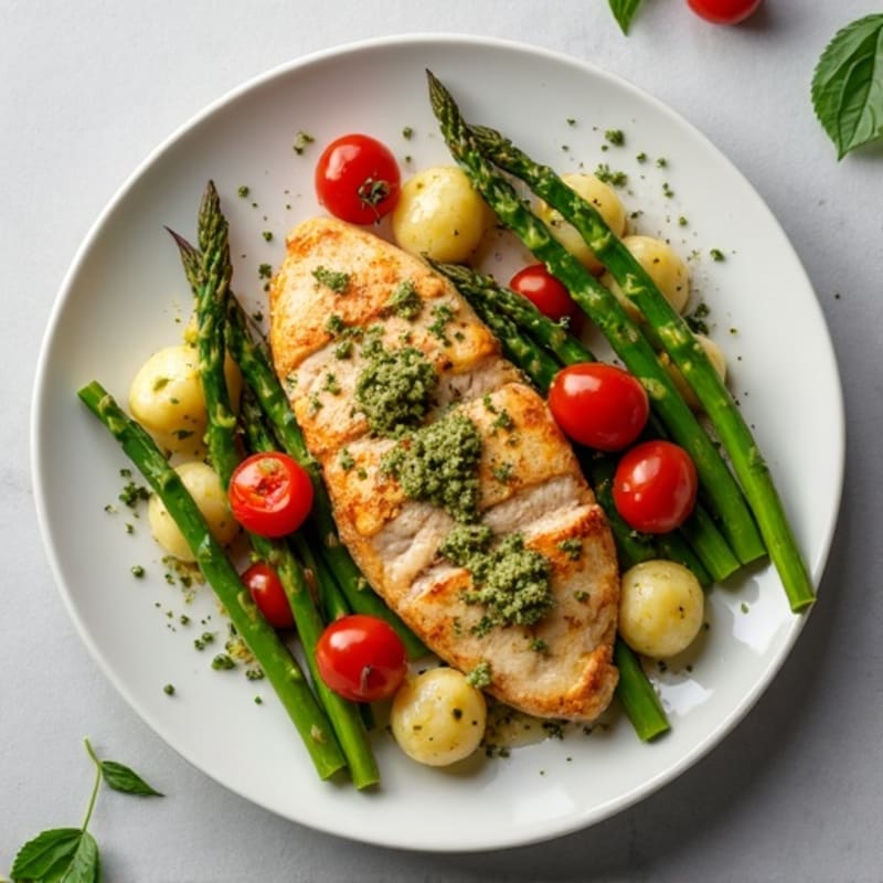 Chicken Pesto Gnocchi with Roasted Asparagus and Cherry Tomatoes