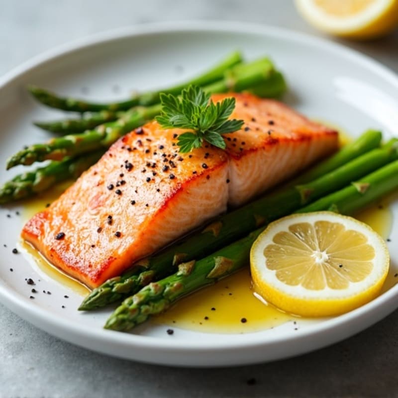 Seared Salmon with Steamed Asparagus and Lemon