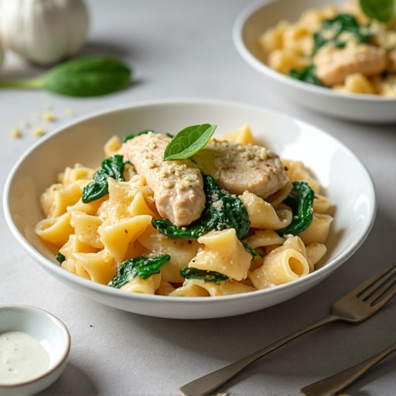 Lighter Creamy Garlic Chicken Pasta with Spinach