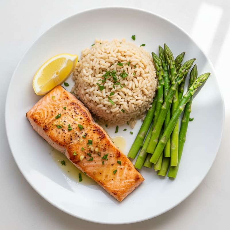 Grilled Salmon Fillet with Steamed Asparagus and Brown Rice