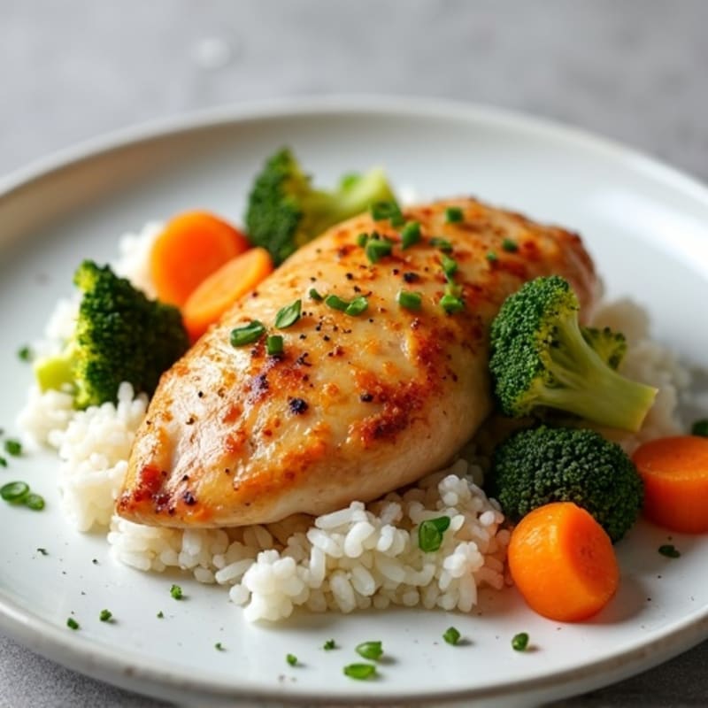 Paprika Chicken with Roasted Leeks, Broccoli, Carrots, and Rice