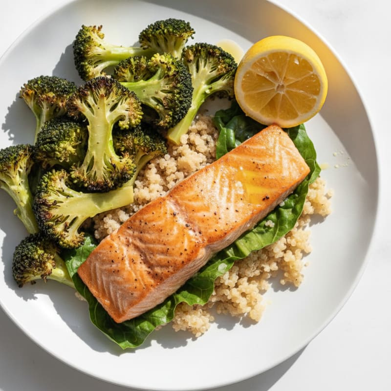 Seared Salmon with Roasted Broccoli and Quinoa
