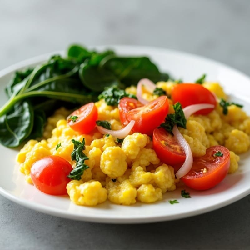 Egg White Veggie Scramble with Sautéed Spinach
