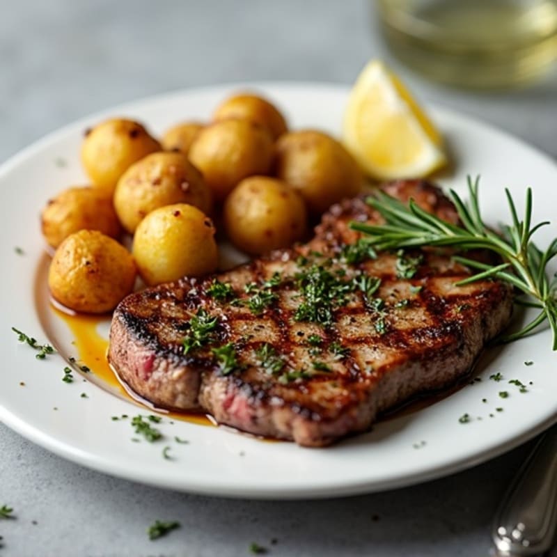 Garlic-Herb Seared Strip Steak with Crispy Rosemary Potatoes