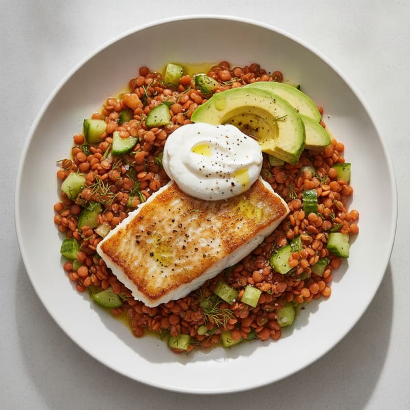 Pan-Seared Fish with Creamy Lentil Salad