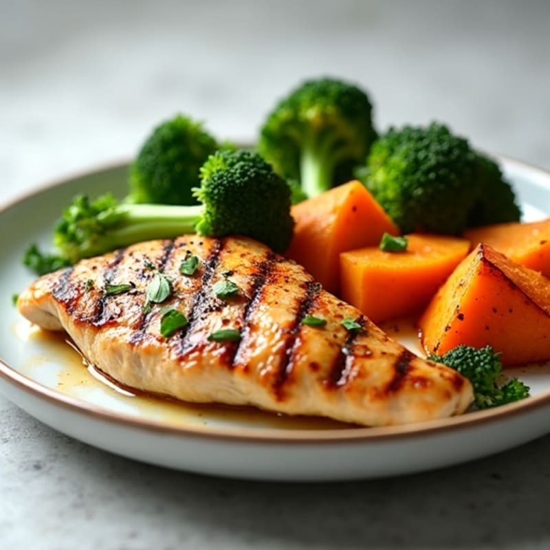 Grilled Chicken Breast with Roasted Broccoli and Sweet Potato